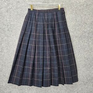 VTG 70s Windowpane Pleated Midi Skirt Womens XS 2 Petite Navy BRISTOL COUNTY USA